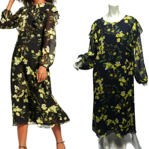 yellow dress with black flowers